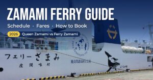 Ferry Zamami docked at the port, with the title Zamami Ferry Guide 2026
